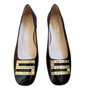 French Sole Black Patent Ballet Flats with Gold Hardware
